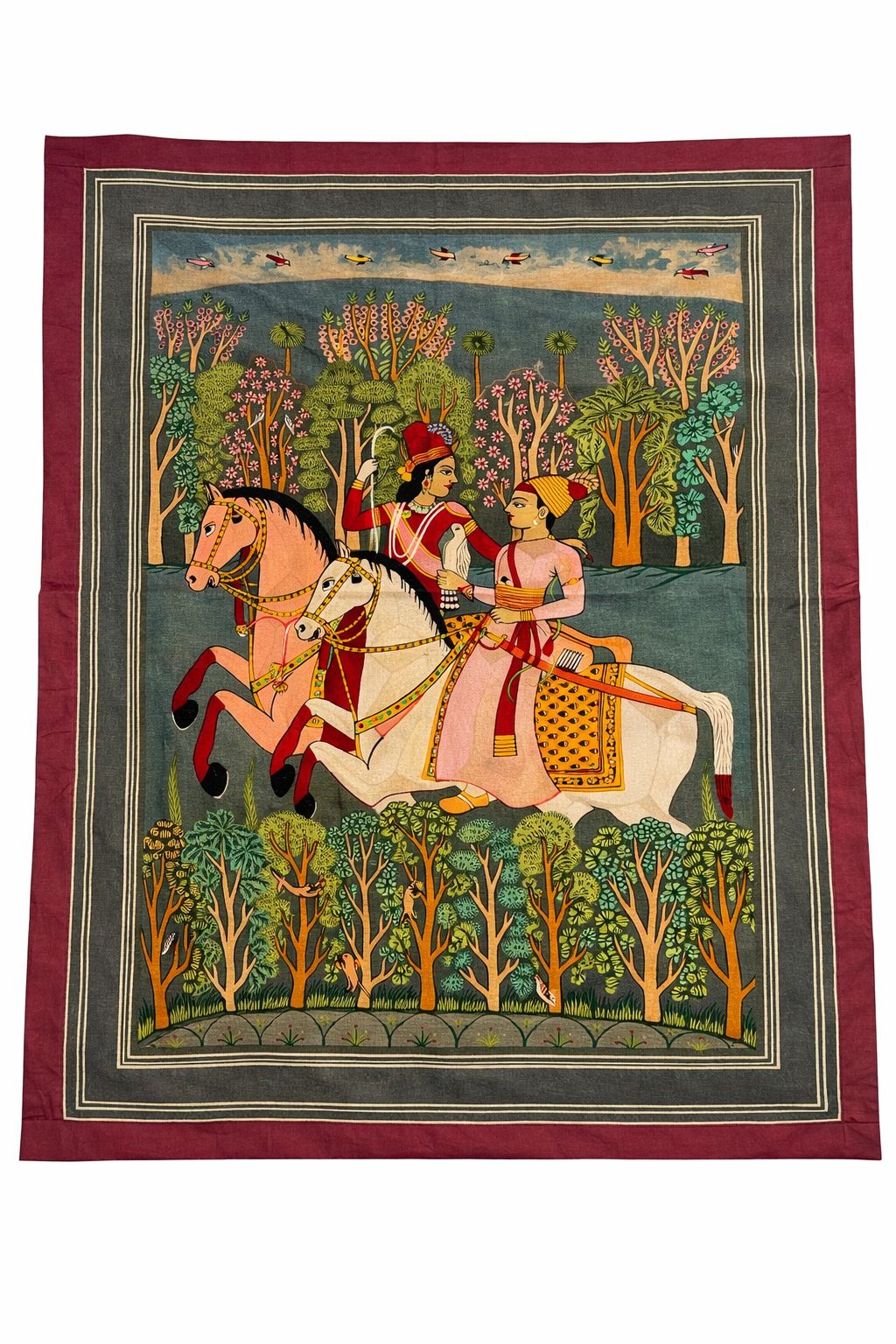 Hand Embroidered Royal Horse Riders  Jhansi Vali Rani Tapestry | Rare Vintage Mughal Indian Textile| Eco Friendly Vegetable Dyes Circa 1980s