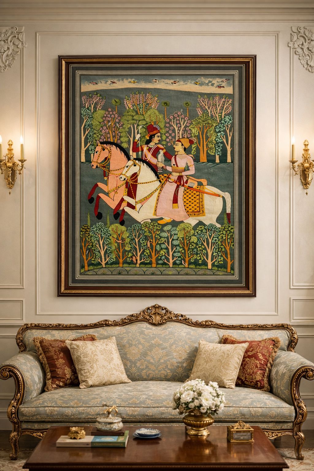 Hand Embroidered Royal Horse Riders  Jhansi Vali Rani Tapestry | Rare Vintage Mughal Indian Textile| Eco Friendly Vegetable Dyes Circa 1980s photo vinterior