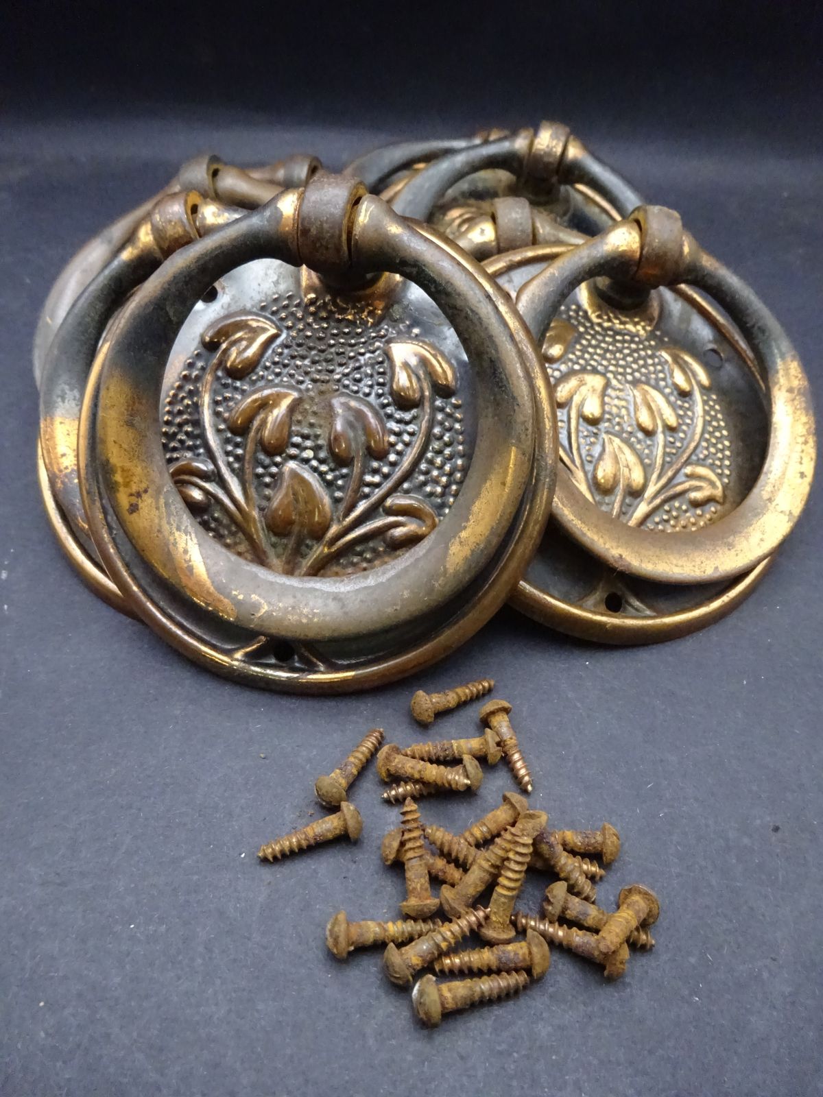 8 Reclaimed Coppered Steel Art Nouveau Furniture Drop Handles, Early 1900s photo furniture
