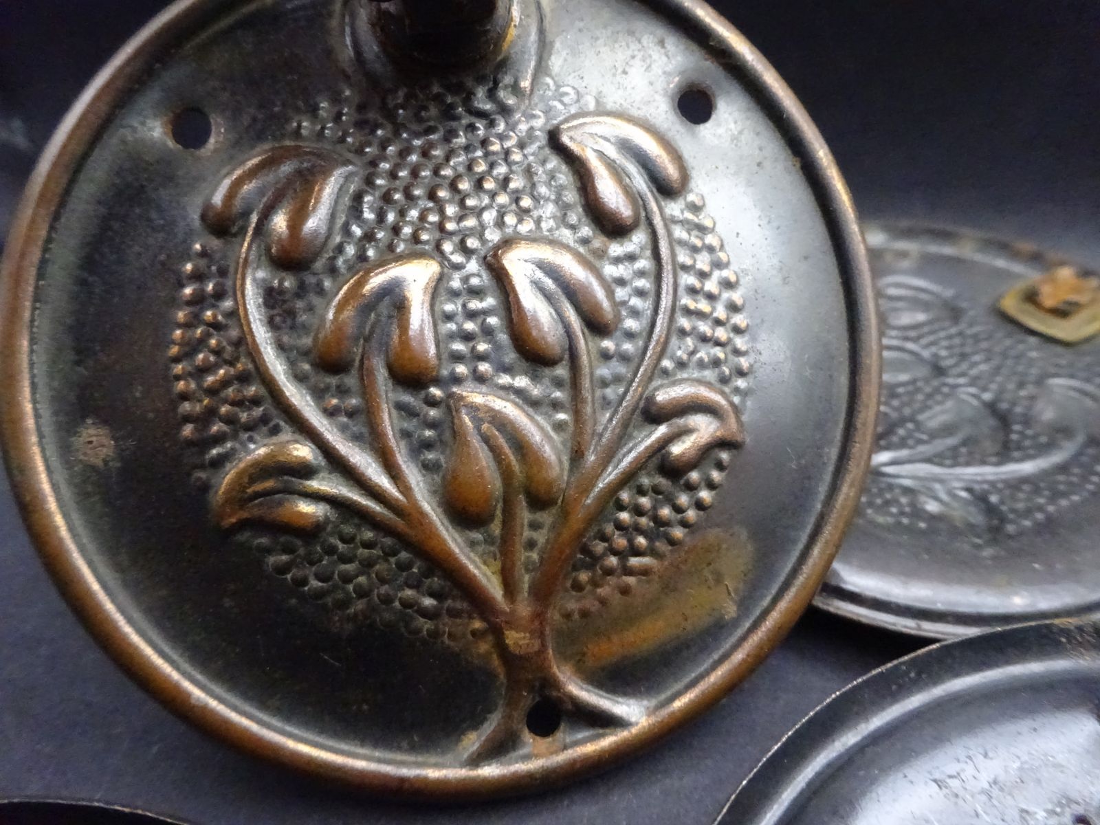 8 Reclaimed Coppered Steel Art Nouveau Furniture Drop Handles, Early 1900s photo 115.0