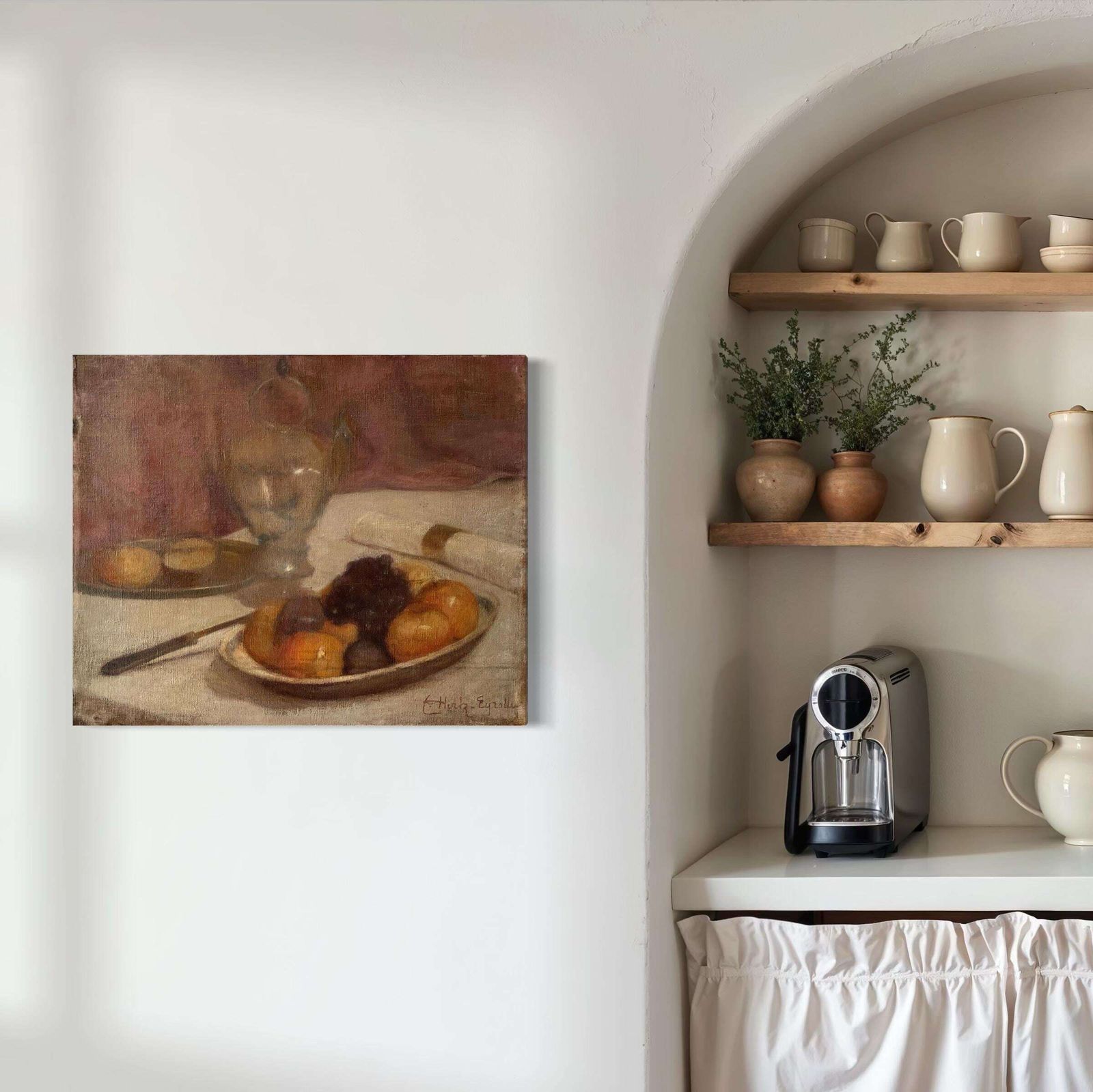 Olieverf Op Doek, "The Fruit Dish", Franse Schilderij Ca. Jaren 1930, Stilleven Met Fruit En Karaf, Gesigneerd photo furniture