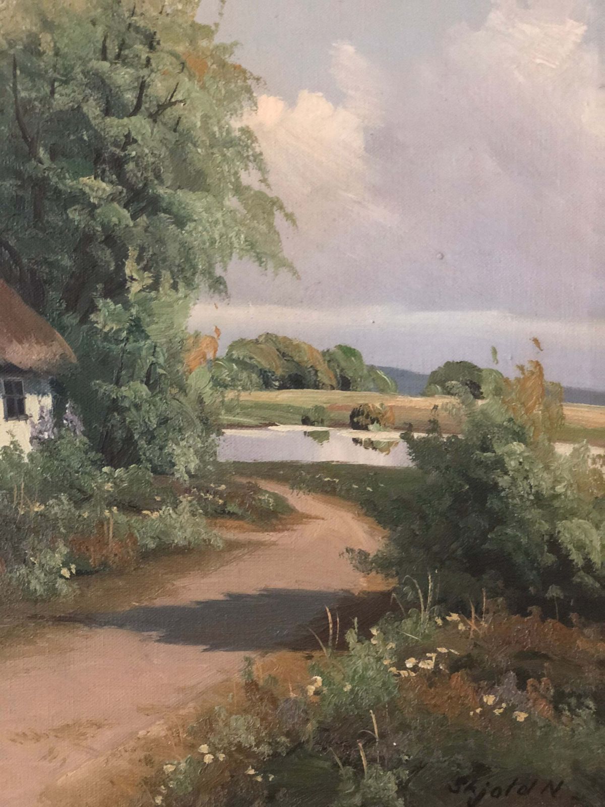 Vintage Large Original Oil Painting Of A Countryside Cottage, C. 1940 photo furniture