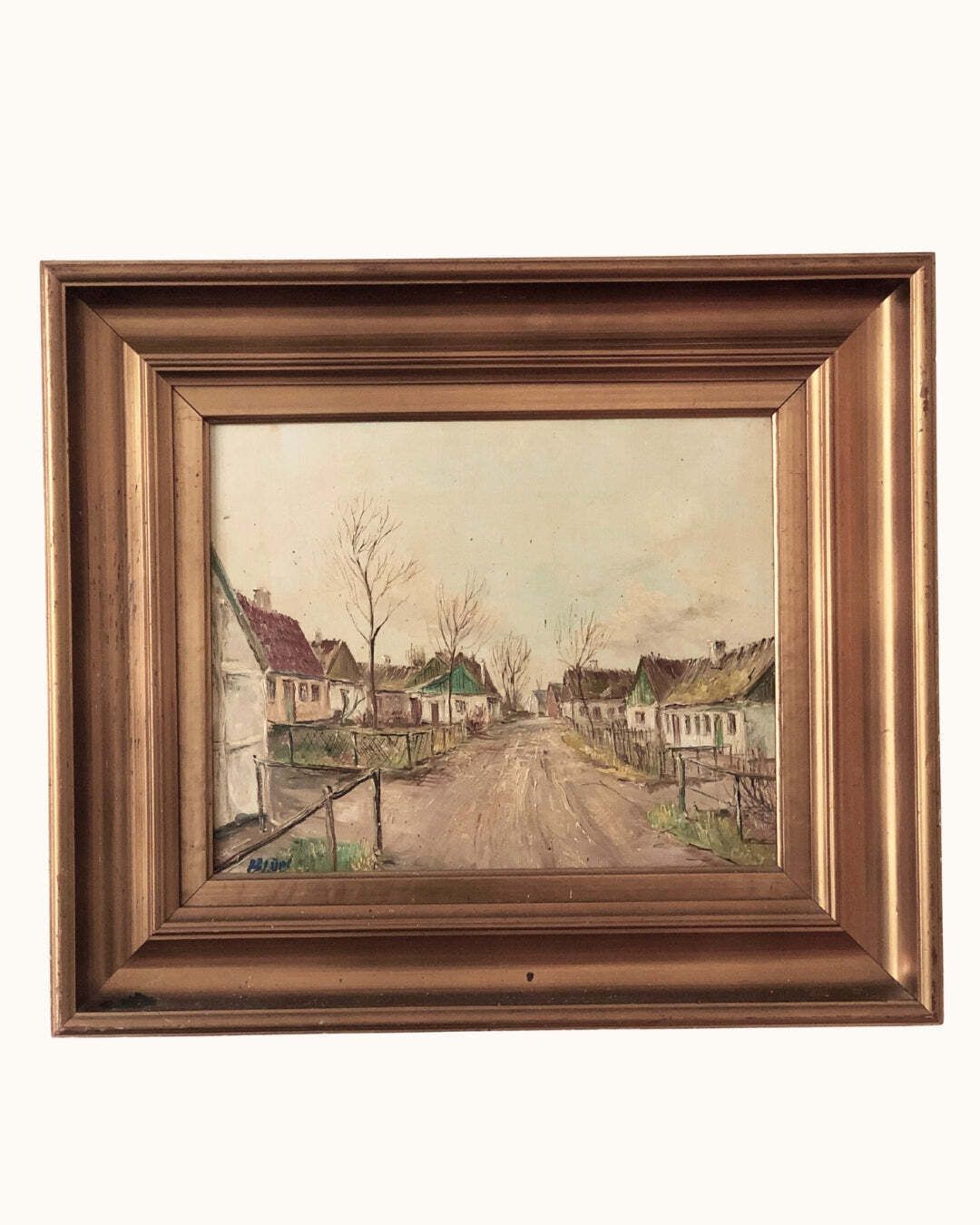 Vintage Large Original Oil Painting Of A European Village With Cottages, C. 1940