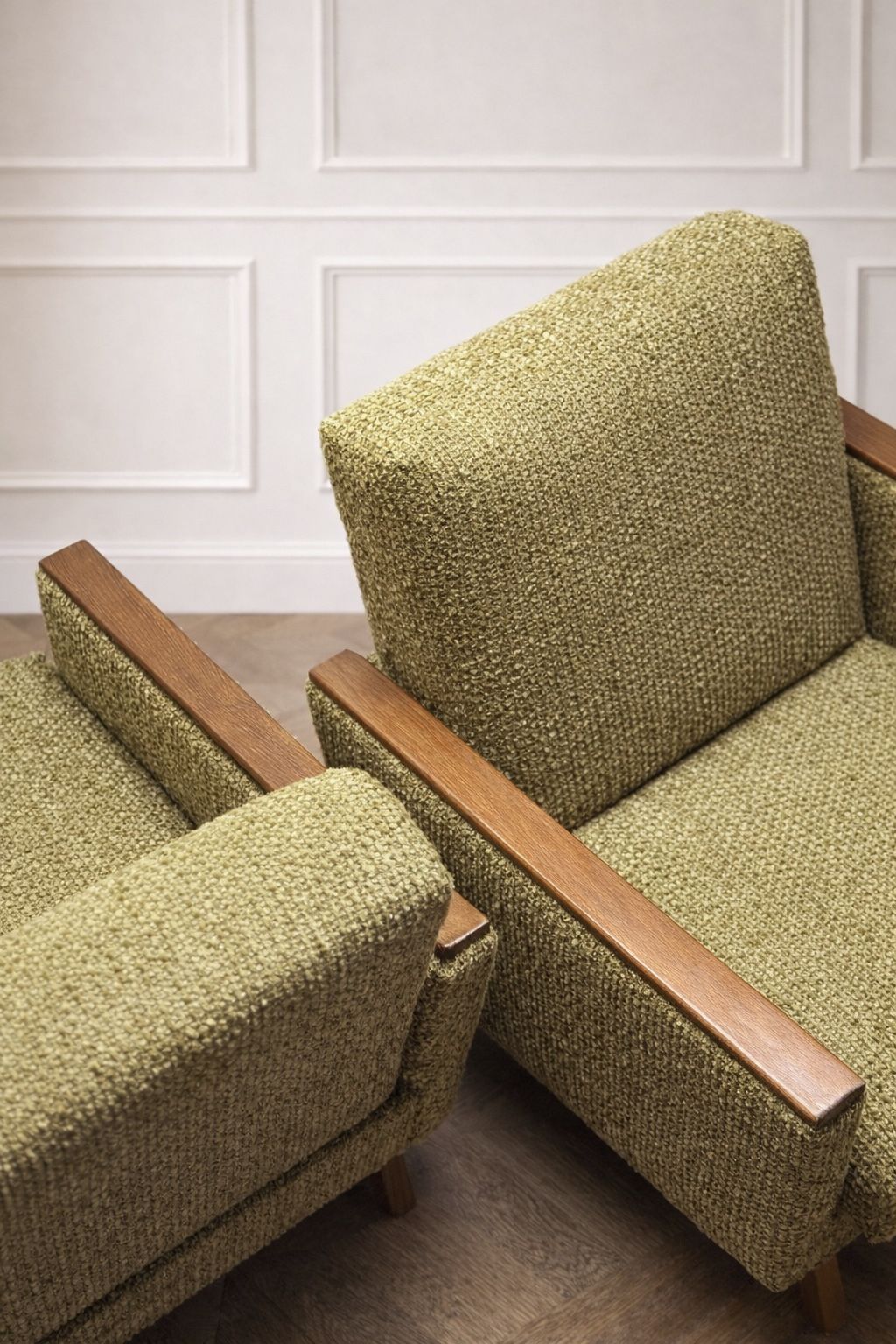 Pair Of 1960s Scandinavian Modern Lounge Armchairs In Moss Green Bouclé And Teak photo buy