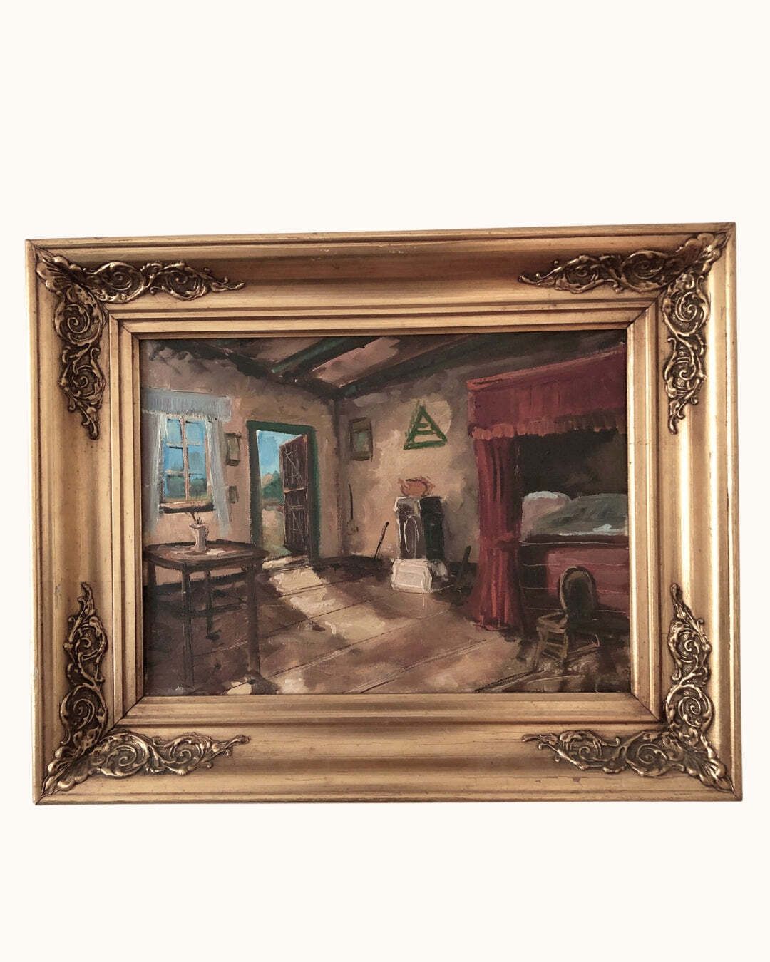 Vintage Original Oil Painting Of A Cottage Interior, C. 1940