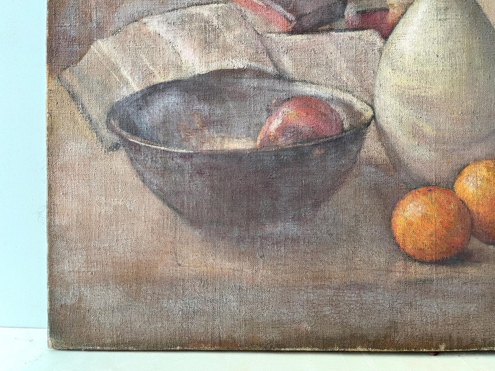 Art Original 1940's Oil On Canvas "Oranges And Pottery", Antique French Painting, Fruits And Floral Still Life photo