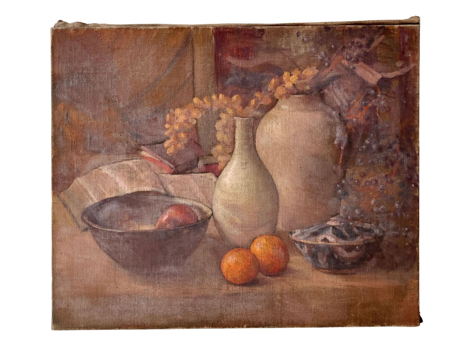 Olieverf Op Doek Uit De Jaren 1940 – "Oranges And Pottery" – Frans Antiek Schilderij, Stilleven Met Fruit En Bloemen