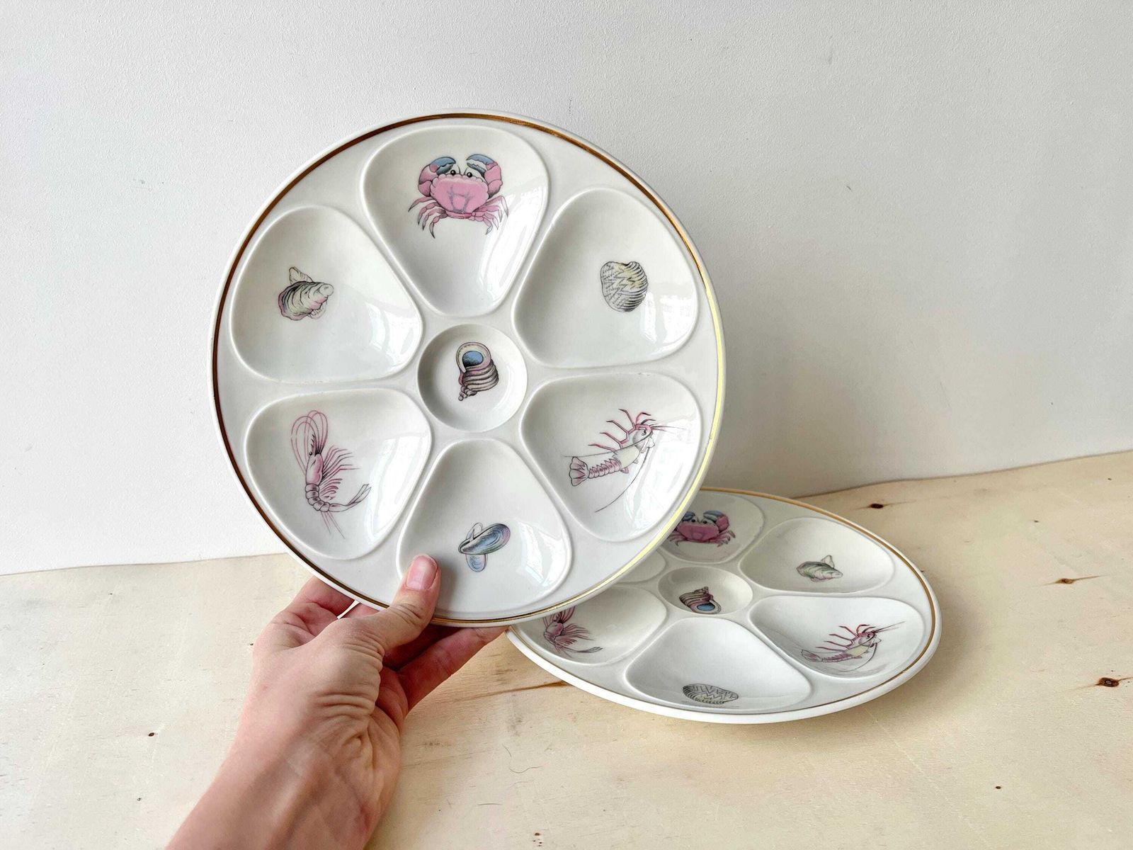 Set Of 2 Porcelain Oyster Plates From Limoges By Louis Lourioux 60s, Vintage French Seafood Plates, Vintage French Tableware