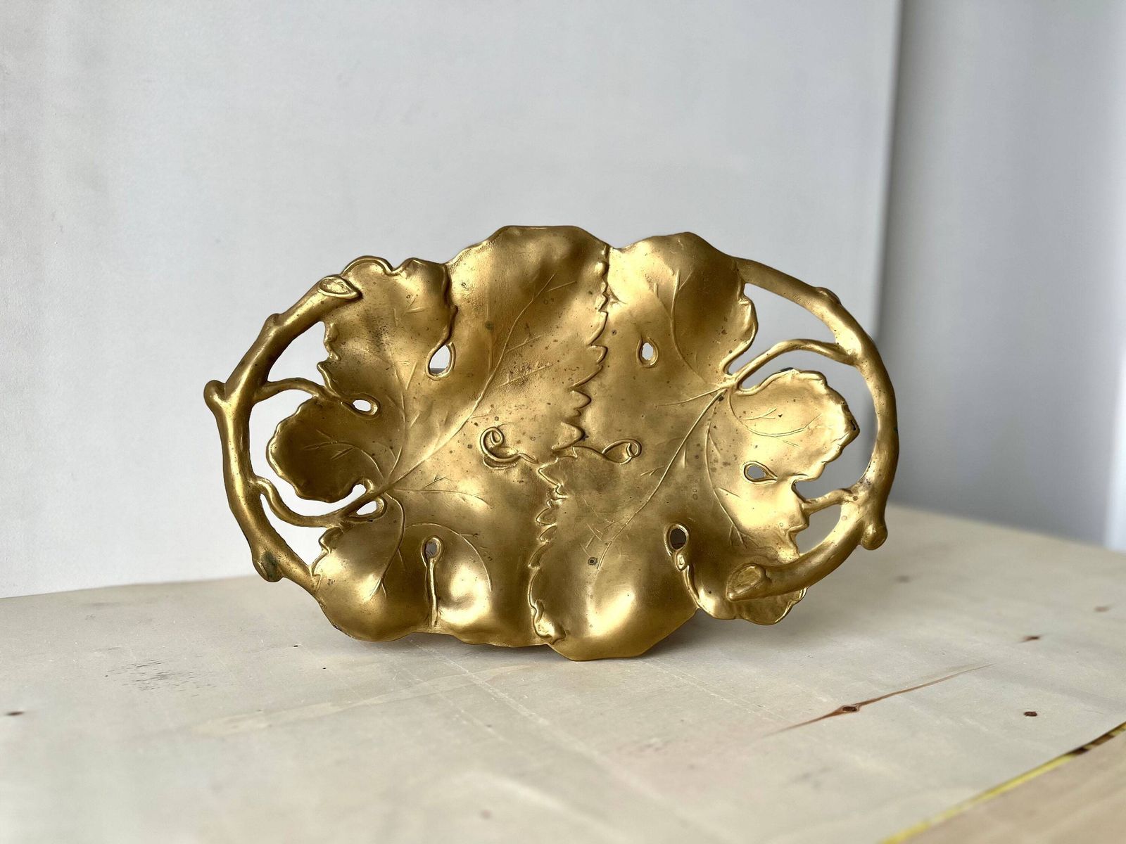 Vine Leaves Bronze Trinket Bowl, Art Nouveau Dish, French Bronze Plate