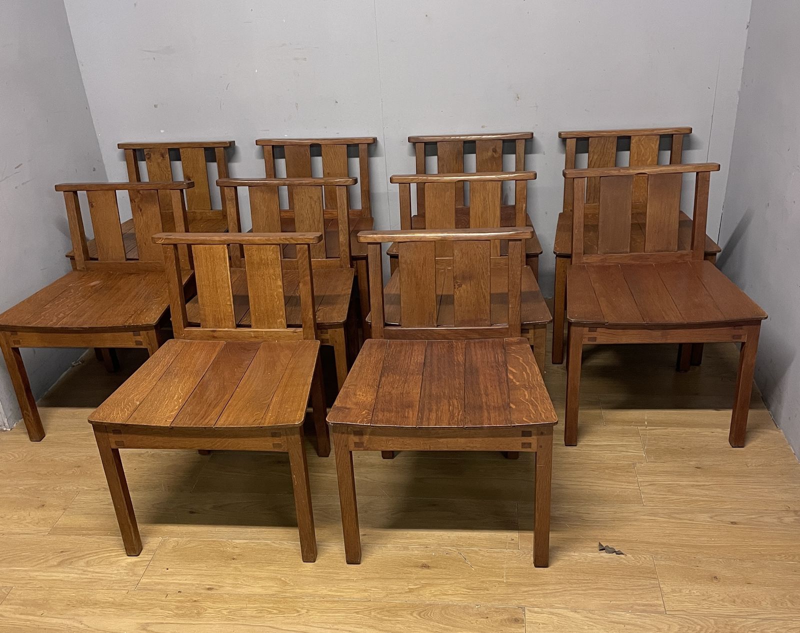 Set Of 10 Golden Oak Acorn Man Chairs Ex York Minster photo furniture