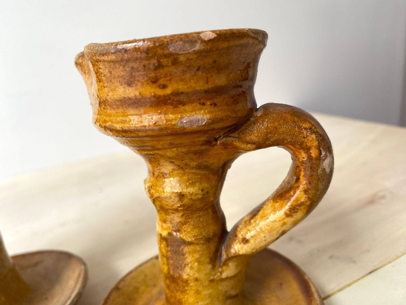Pair Of 60s Glazed Stoneware Candlesticks, Vintage Stoneware Pottery photo 101.0