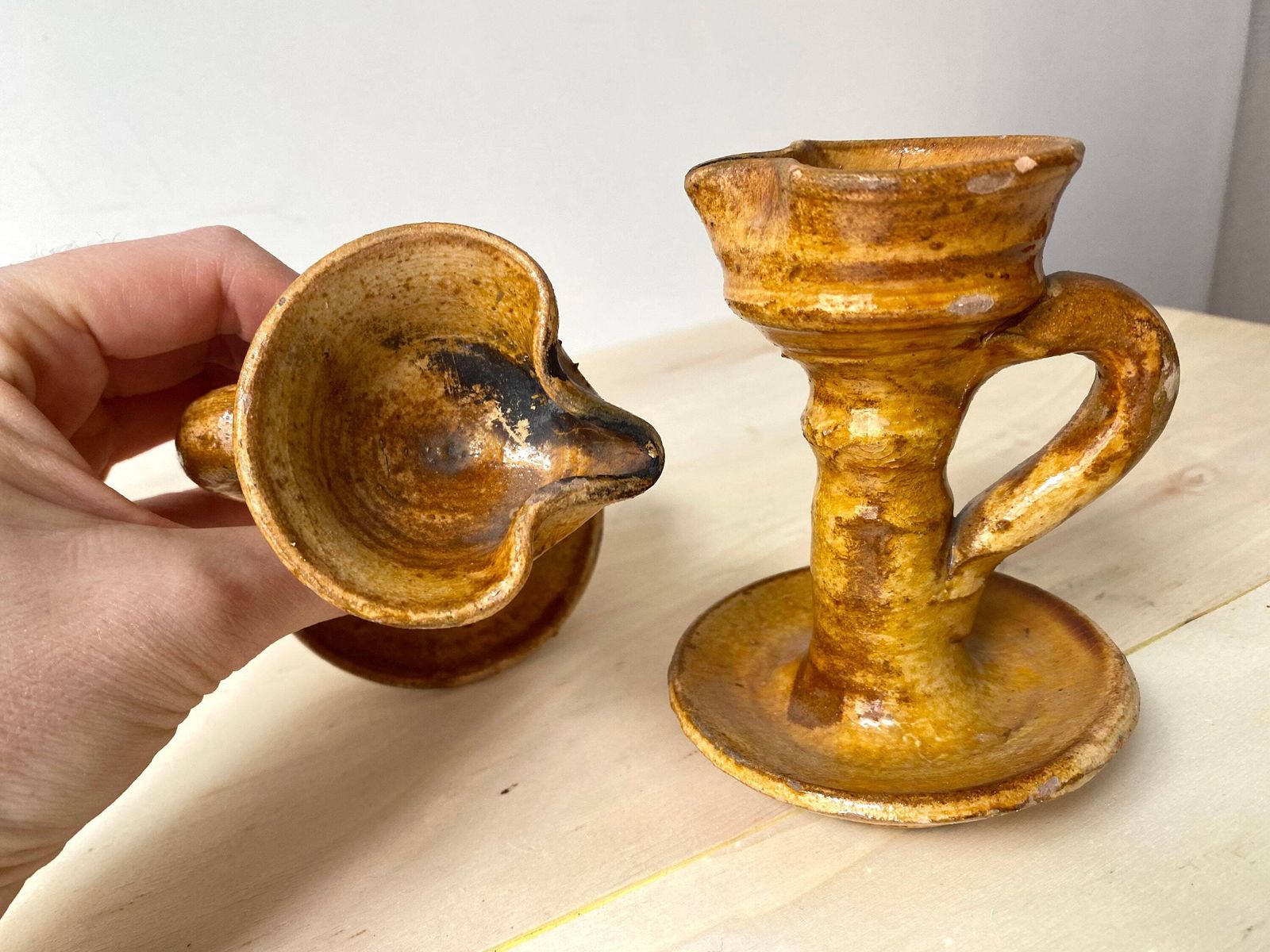 photo for sale Pair Of 60s Glazed Stoneware Candlesticks, Vintage Stoneware Pottery