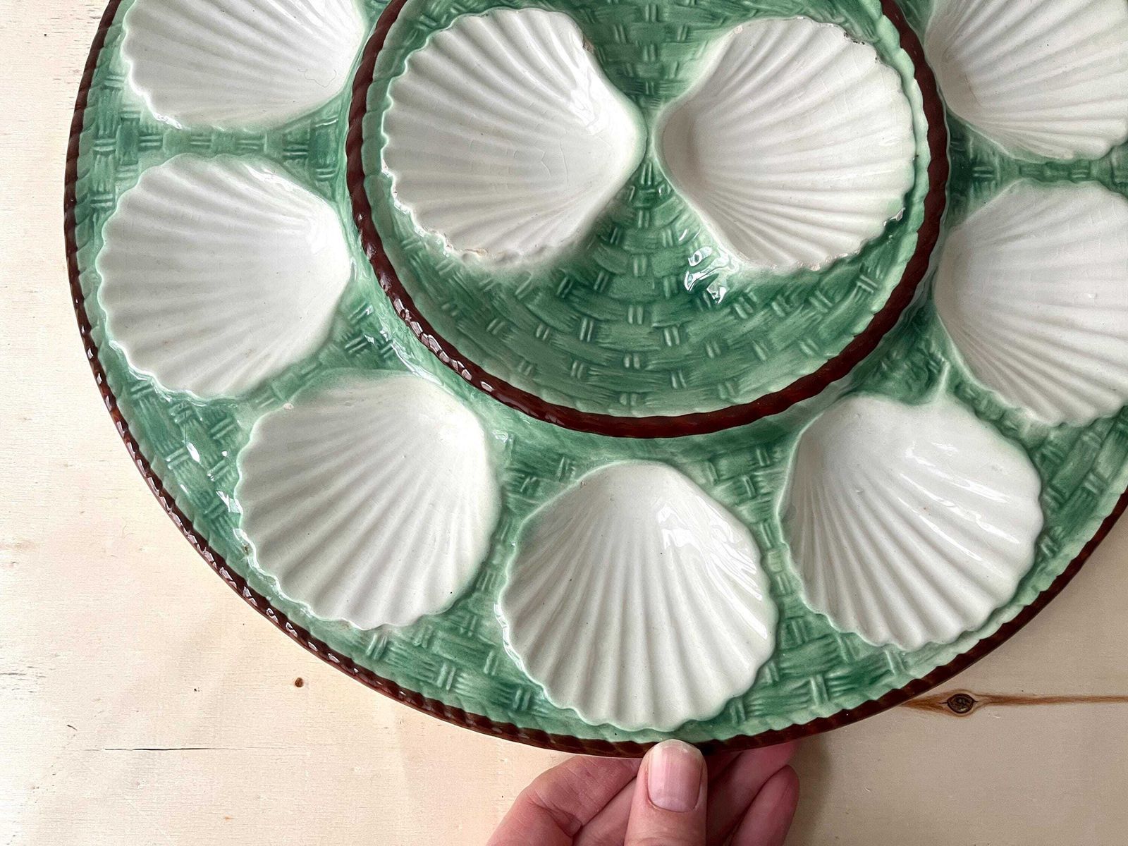 French Oyster Dish Longchamp France 60s, Vintage Green Majolica Made In France, Seafood Plate photo for sale