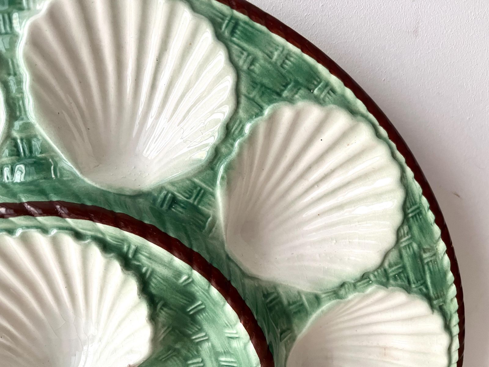 French Oyster Dish Longchamp France 60s, Vintage Green Majolica Made In France, Seafood Plate photo 189.0