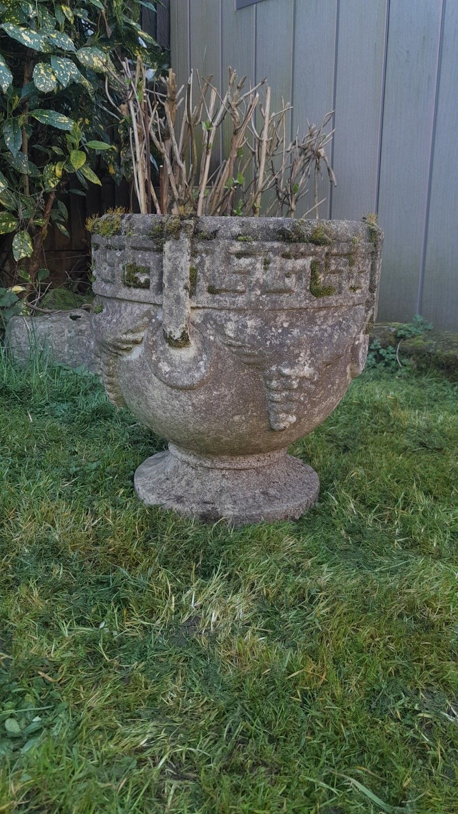 20th Century Cast Stone Greek Key Urn Planter, Nicely Weathered