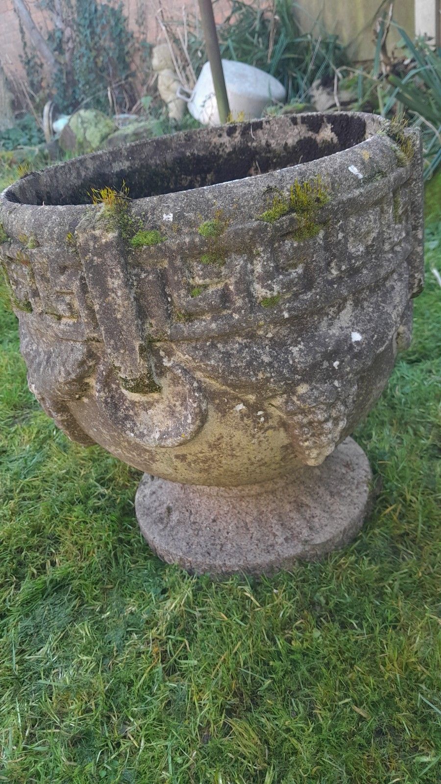 20th Century Cast Stone Greek Key Urn Planter, Nicely Weathered photo Garden Decor