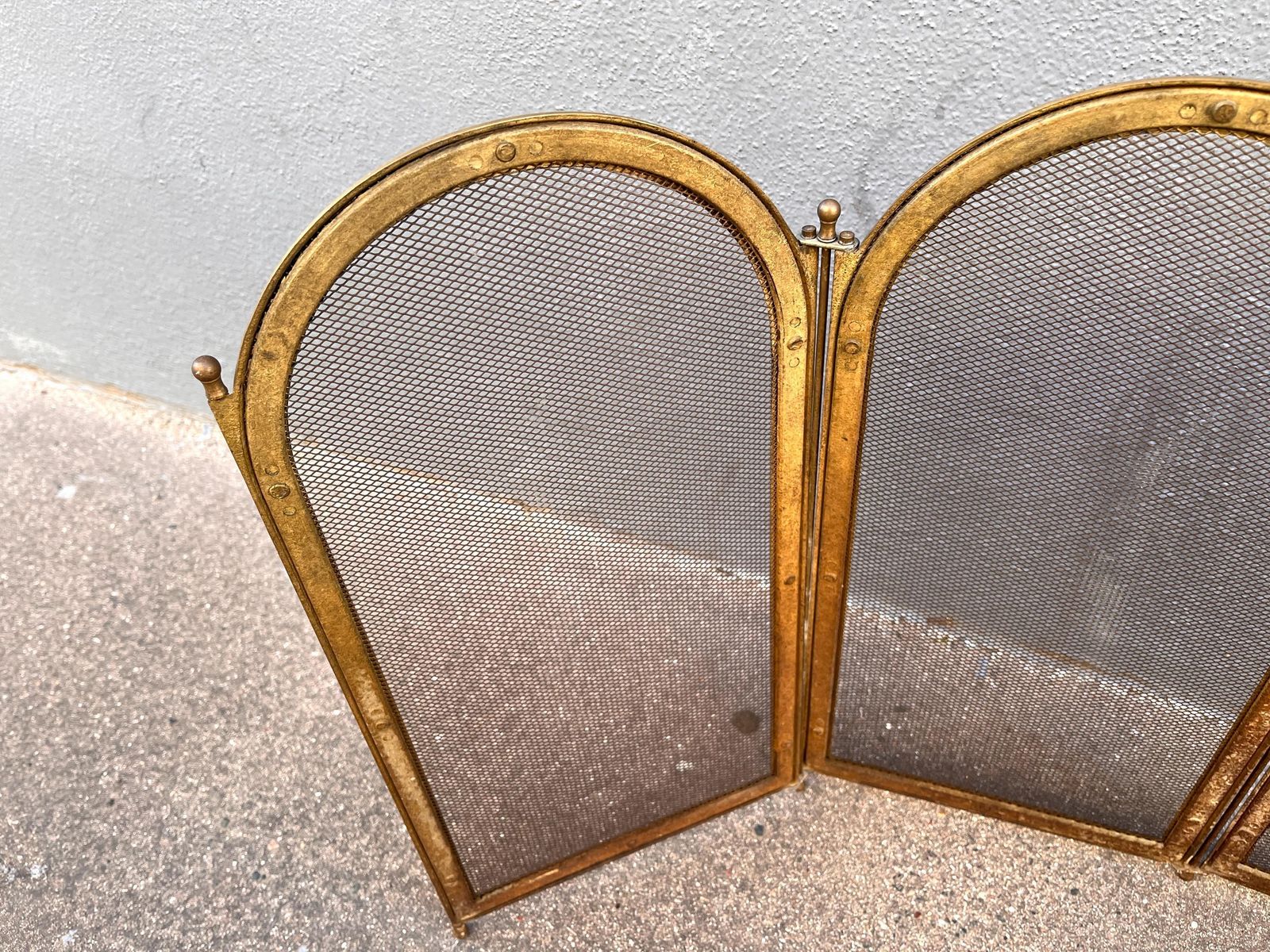 photo vintage French Antique Brass Fireplace Screen 40 X 20 Inches, 4 Flap 1920's Fire Screen