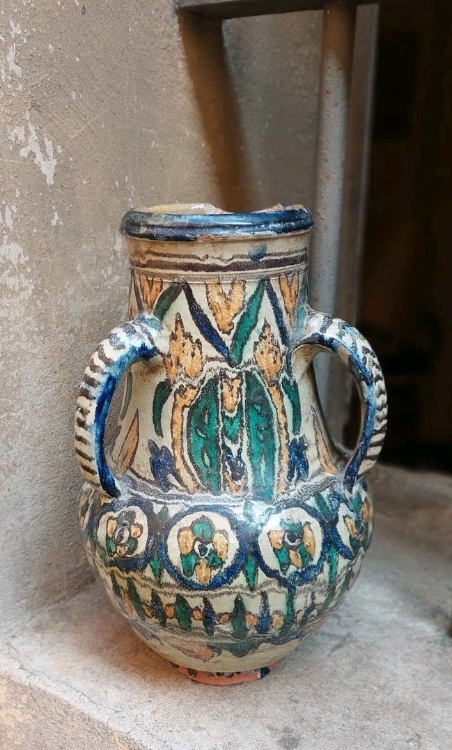 Antica Giara Maiolica Dipinta Smaltata Fez  Marocco XIX Secolo