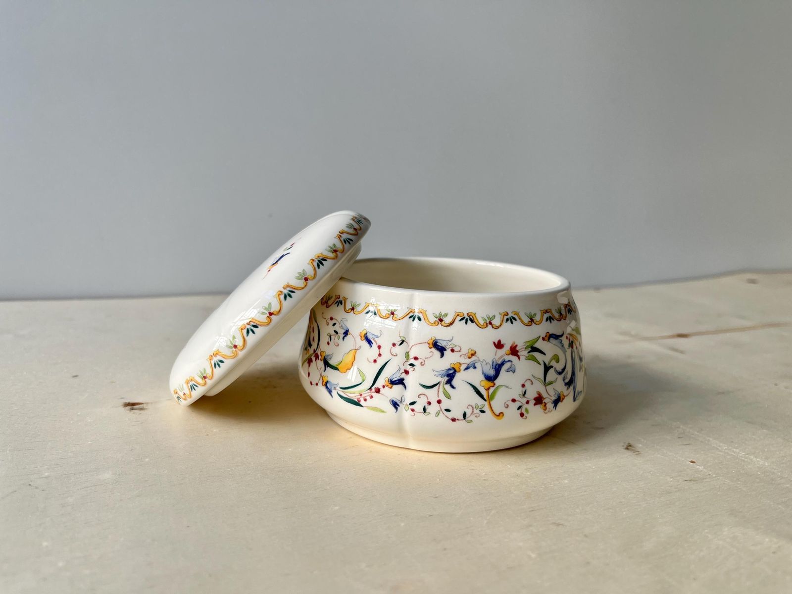 Gien Toscana Earthenware Candy Box, Round Jewelry Box, French Tableware Manufacture photo for sale