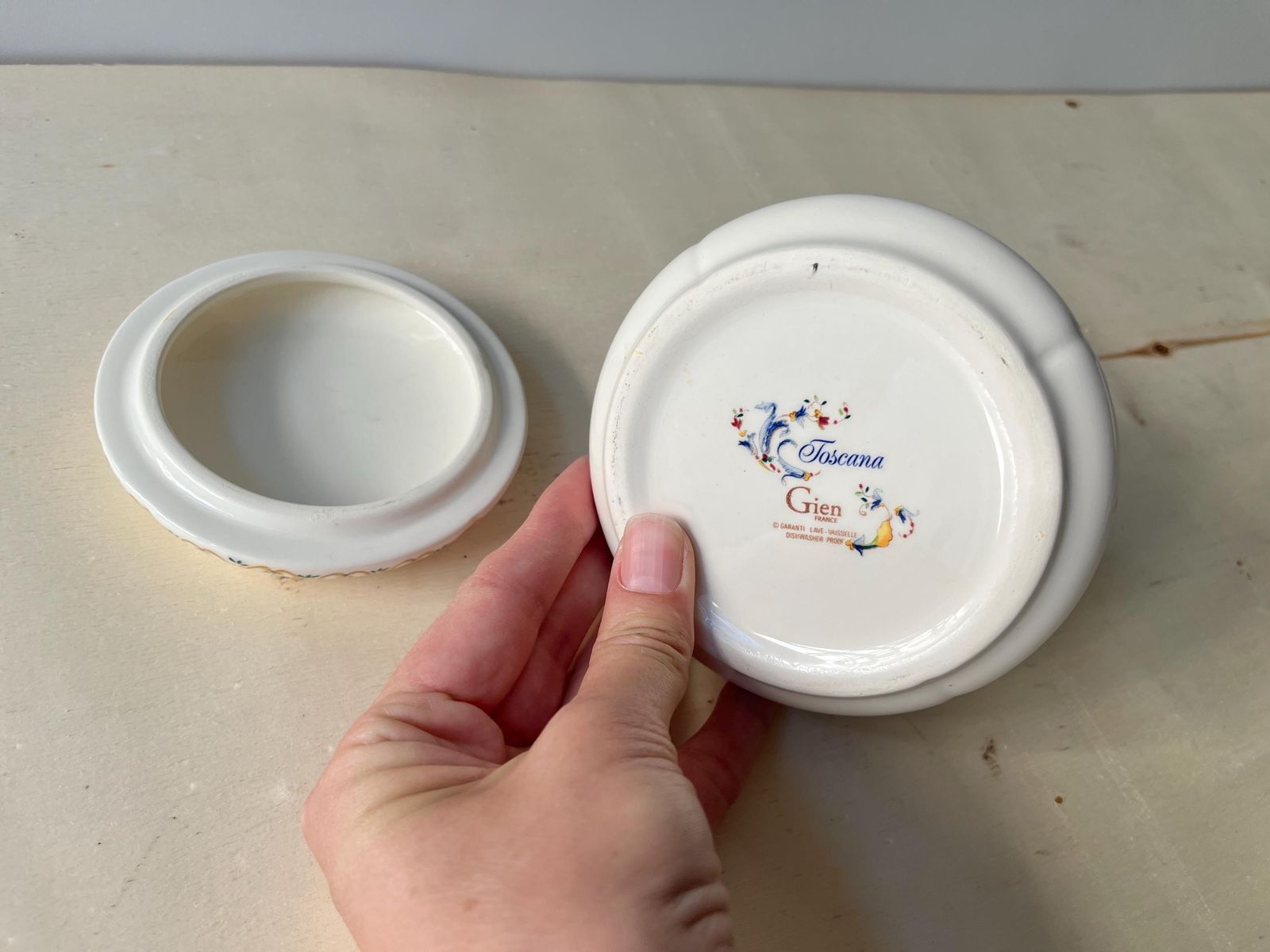Gien Toscana Earthenware Candy Box, Round Jewelry Box, French Tableware Manufacture photo vintage