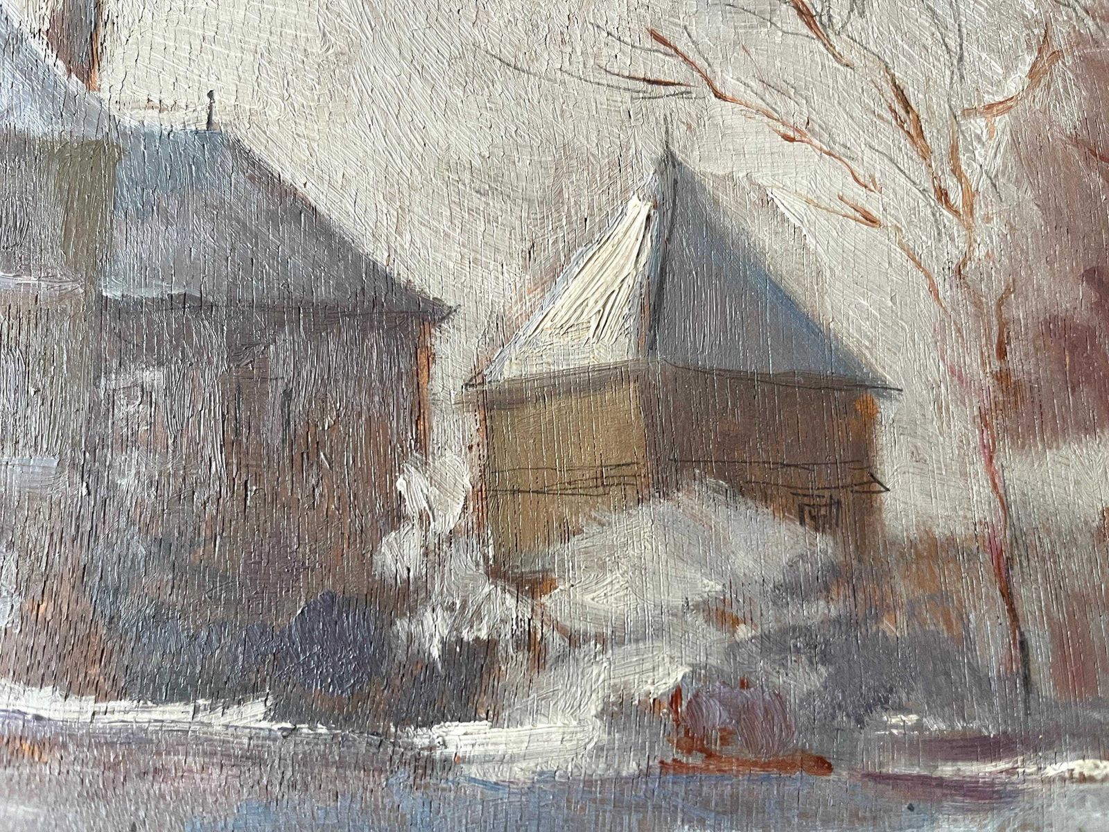 Original 1937's Snowy Rural Landscape "French Castle Under The Snow", Antique French Winter Painting photo vinterior