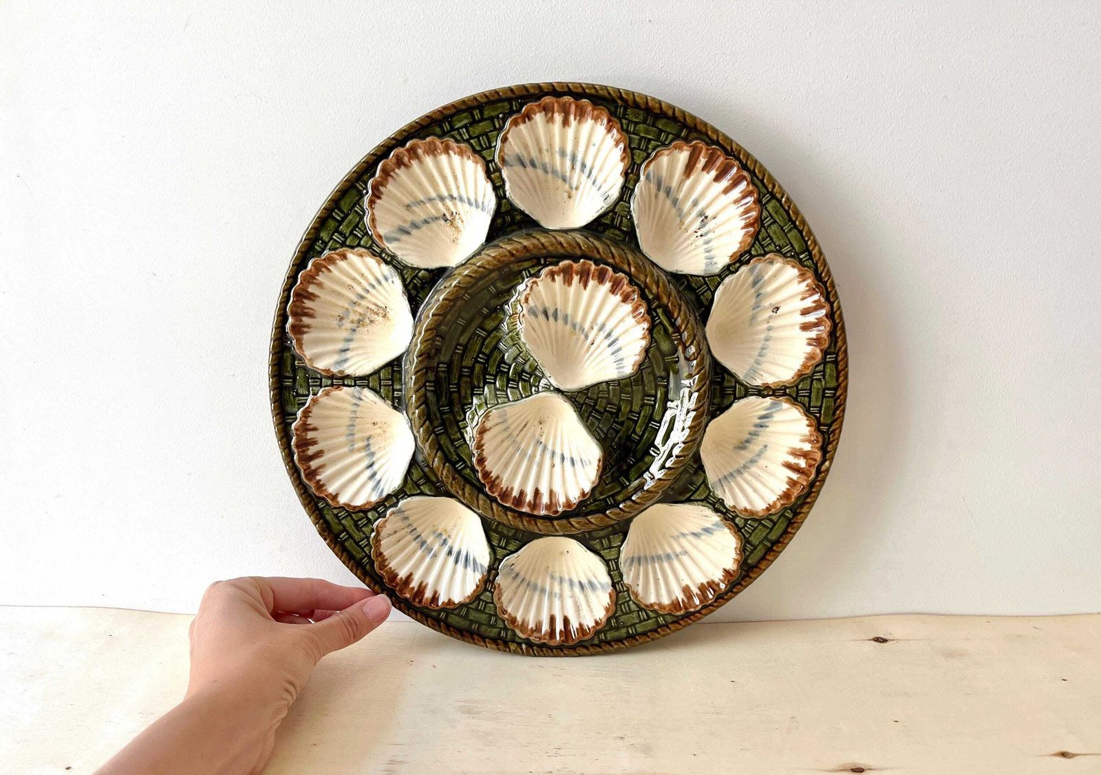 Large Antique Majolica Oyster Dish Signed Longchamp France, 19th Century Ironstone Seafood Platter