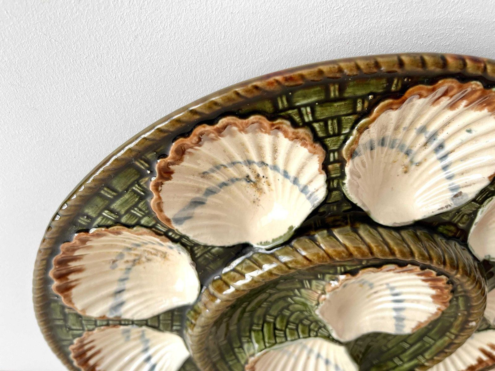 Large Antique Majolica Oyster Dish Signed Longchamp France, 19th Century Ironstone Seafood Platter photo 257.0