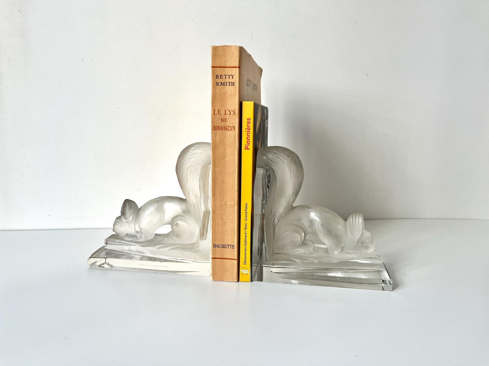 Antique Pair Of 1930s Squirrel Bookends Signed H.Hoffmann, Czech Frosted And Clear Glass Paperweights photo furniture