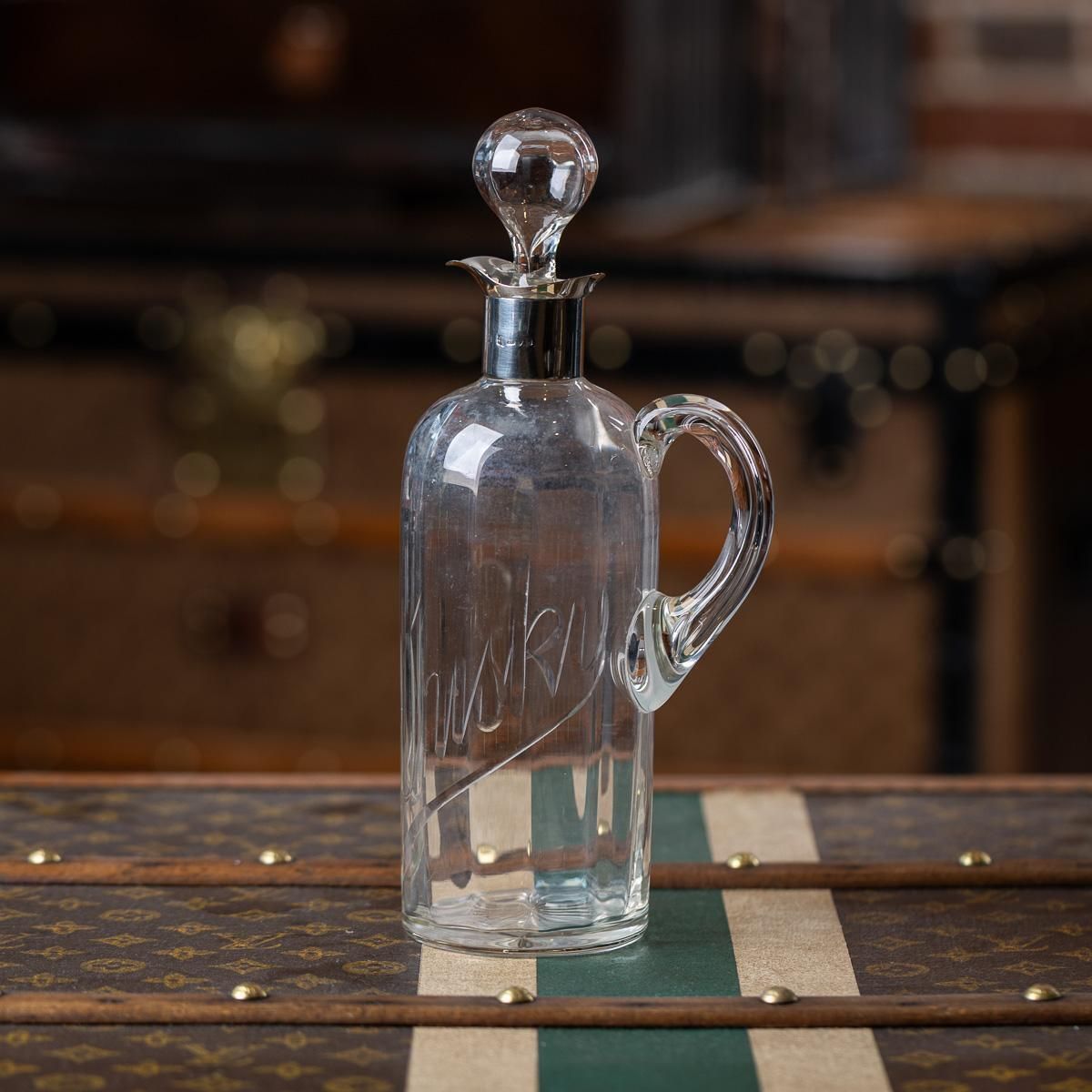 Antique 20thc English Solid Silver & Cut Glass Whisky Decanter, Chester C.1902 photo furniture