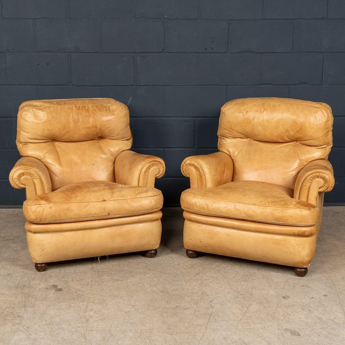 Vintage 20thc Italian Pair Of Tan Leather Armchairs By Poltrona Frau C.1970 photo furniture