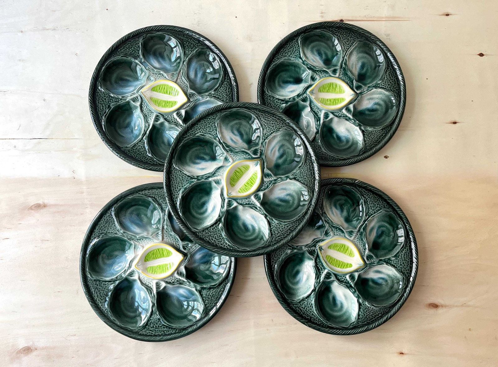 Set Of 5 Oyster Plates Signed St Clement France, 60s French Ceramic, Vintage Majolica Seafood Dishes