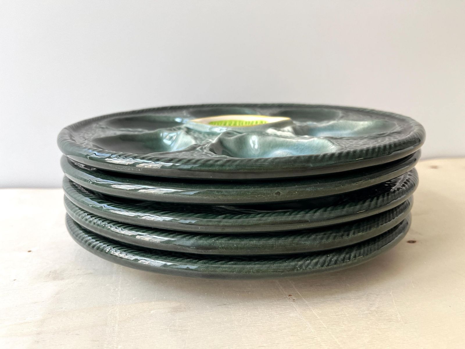 Set Of 5 Oyster Plates Signed St Clement France, 60s French Ceramic, Vintage Majolica Seafood Dishes photo Home Decor
