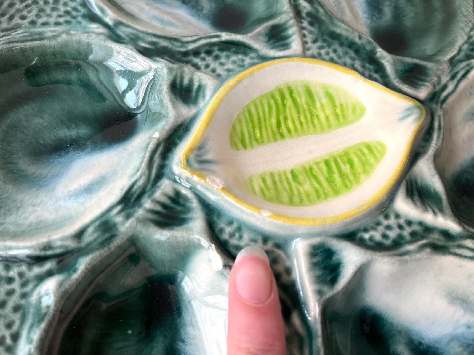 Set Of 5 Oyster Plates Signed St Clement France, 60s French Ceramic, Vintage Majolica Seafood Dishes photo vintage