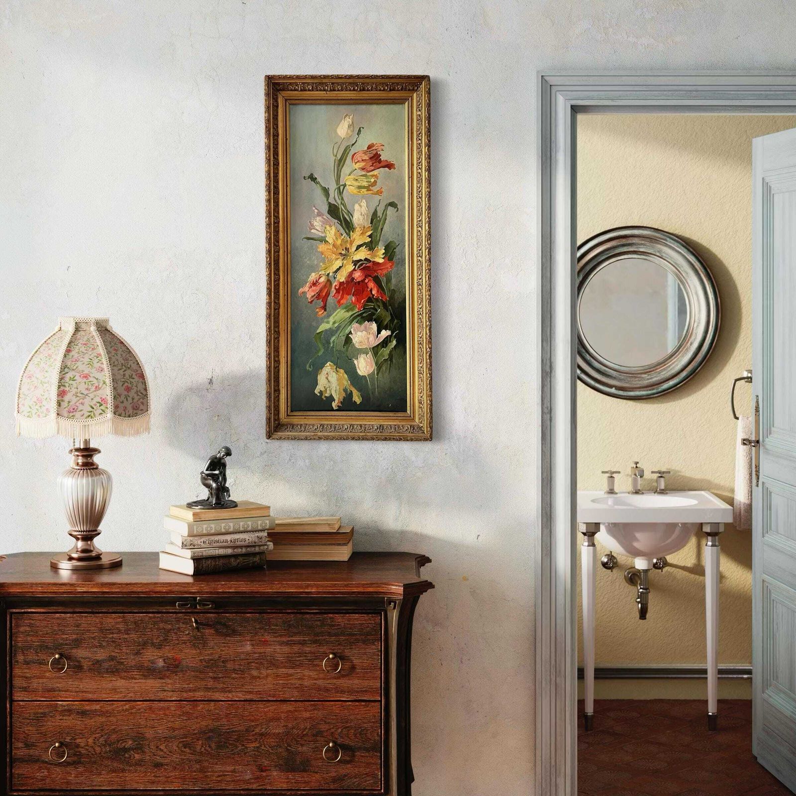 Original 1920s Large Flowers Bouquet In Oil On Canvas, 44 X 20 French Gilded Frame Antique Still Life Painting photo for sale