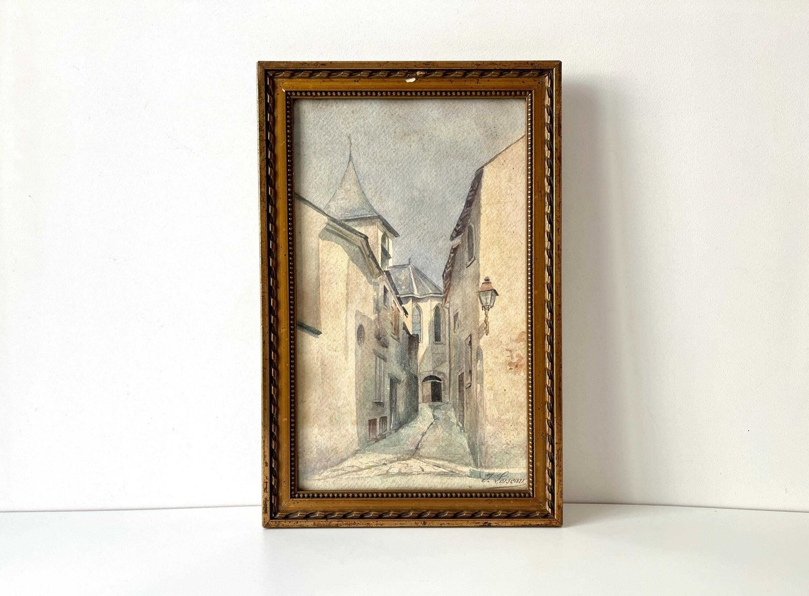 Original 1920s Watercolor Of A French Village View, Antique Signed Landscape Painting