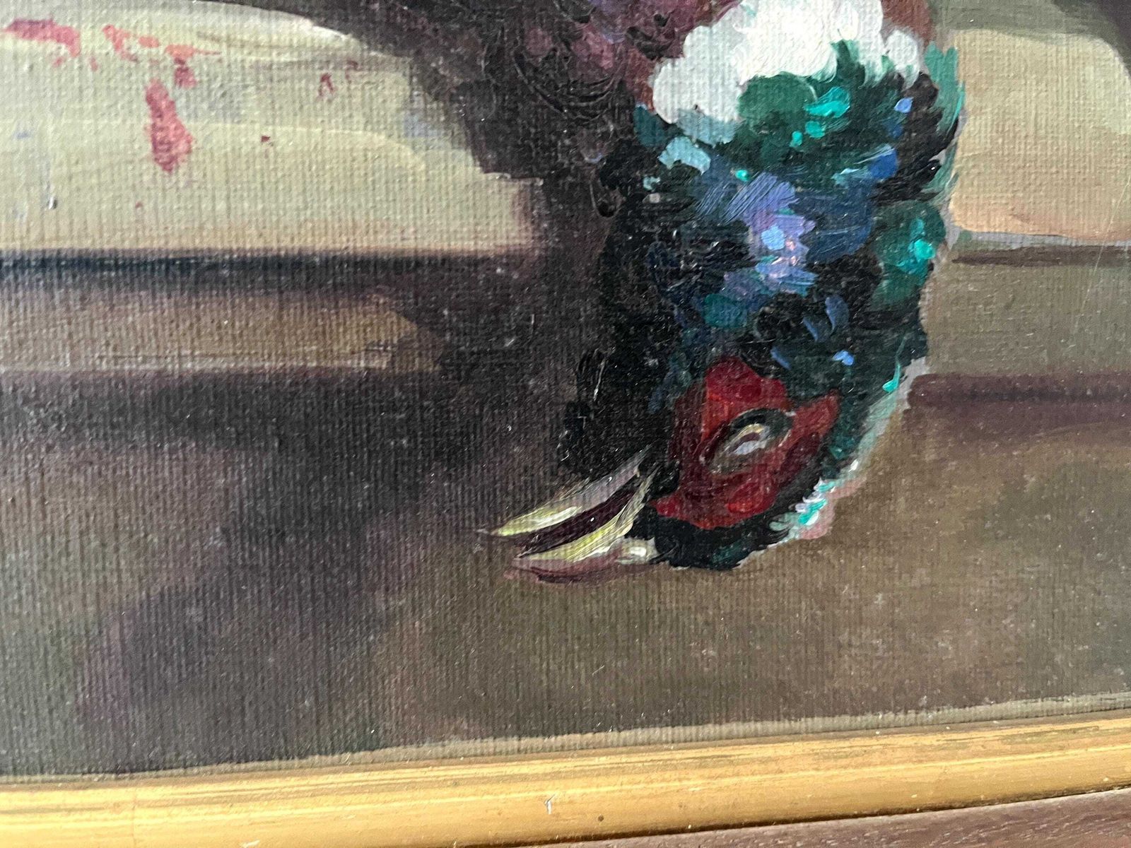 French Antique Still Life Oil On Canvas "The Trophy Hunting", Original 1920s Pheasant Painting photo vintage