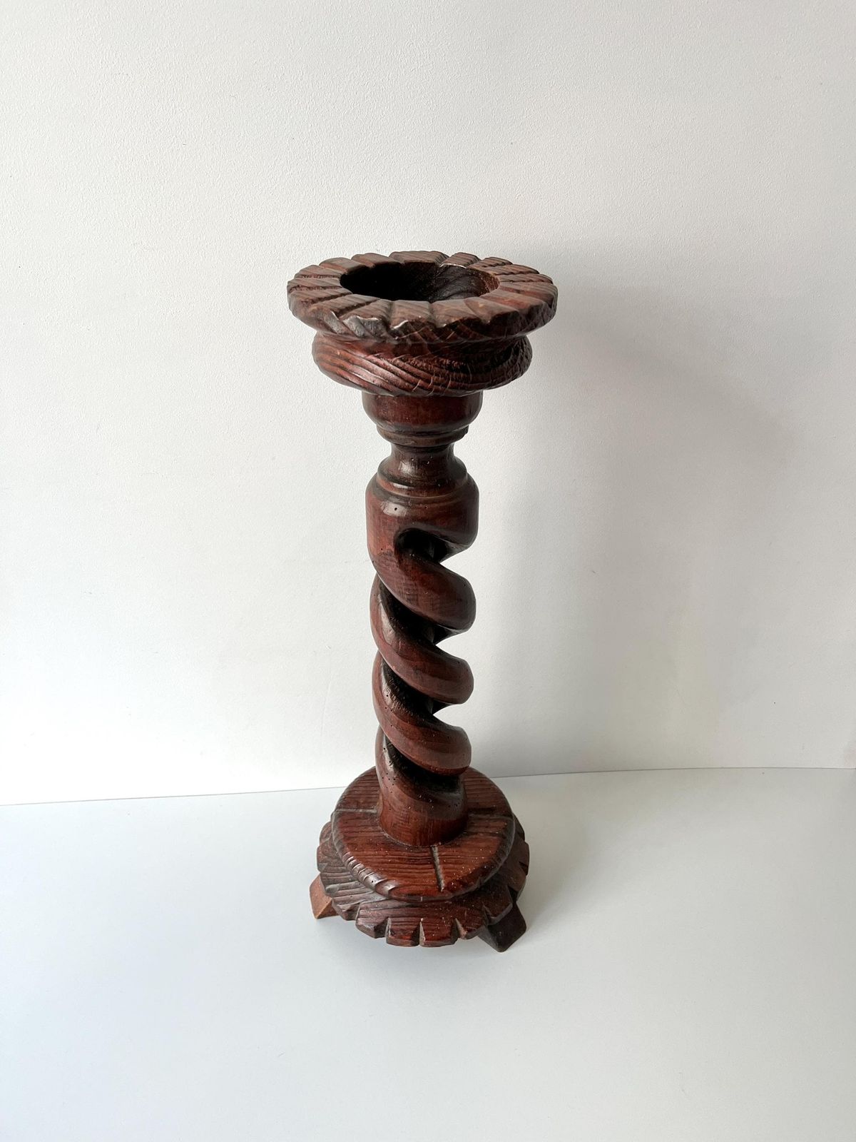1950s French Rural Turned Wood Ashtray, Vintage Rustic Pedestal Ashtray