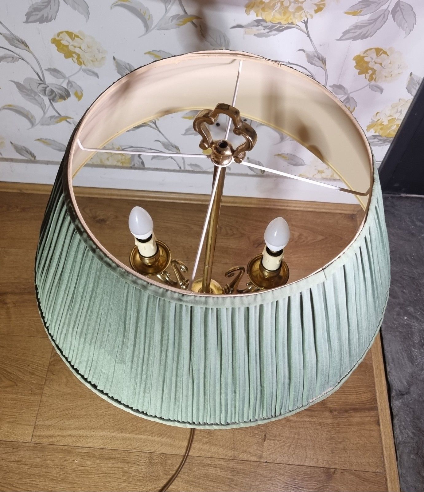175.0 Large French Bouilotte Style Brass Table Lamp 3 Arm Candelabra Pleated Shade 29" photo