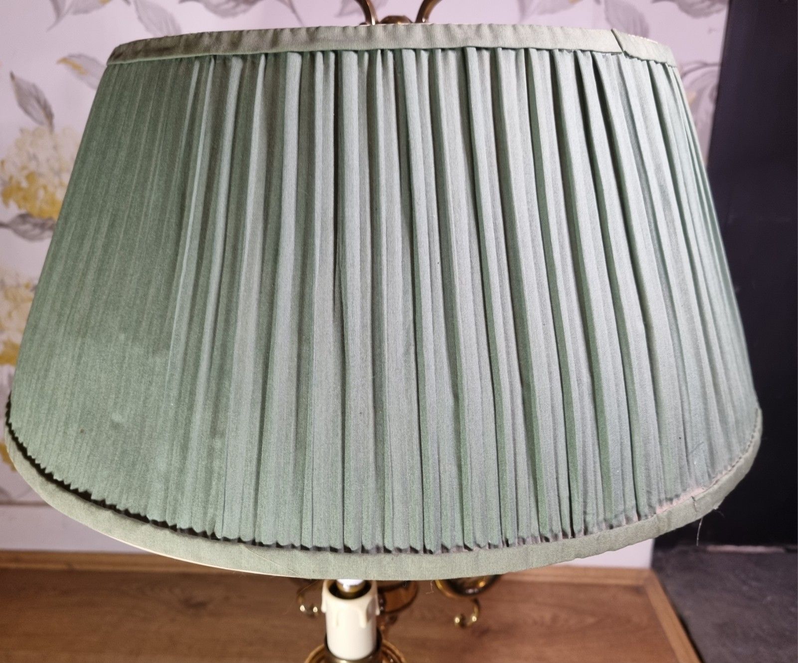 photo vinterior Large French Bouilotte Style Brass Table Lamp 3 Arm Candelabra Pleated Shade 29"