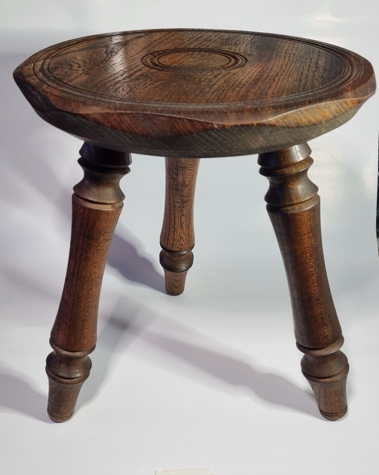 French Style Oak 3 Legged Milking Stool Bullseye Top Turned Legs Rustic photo Furniture