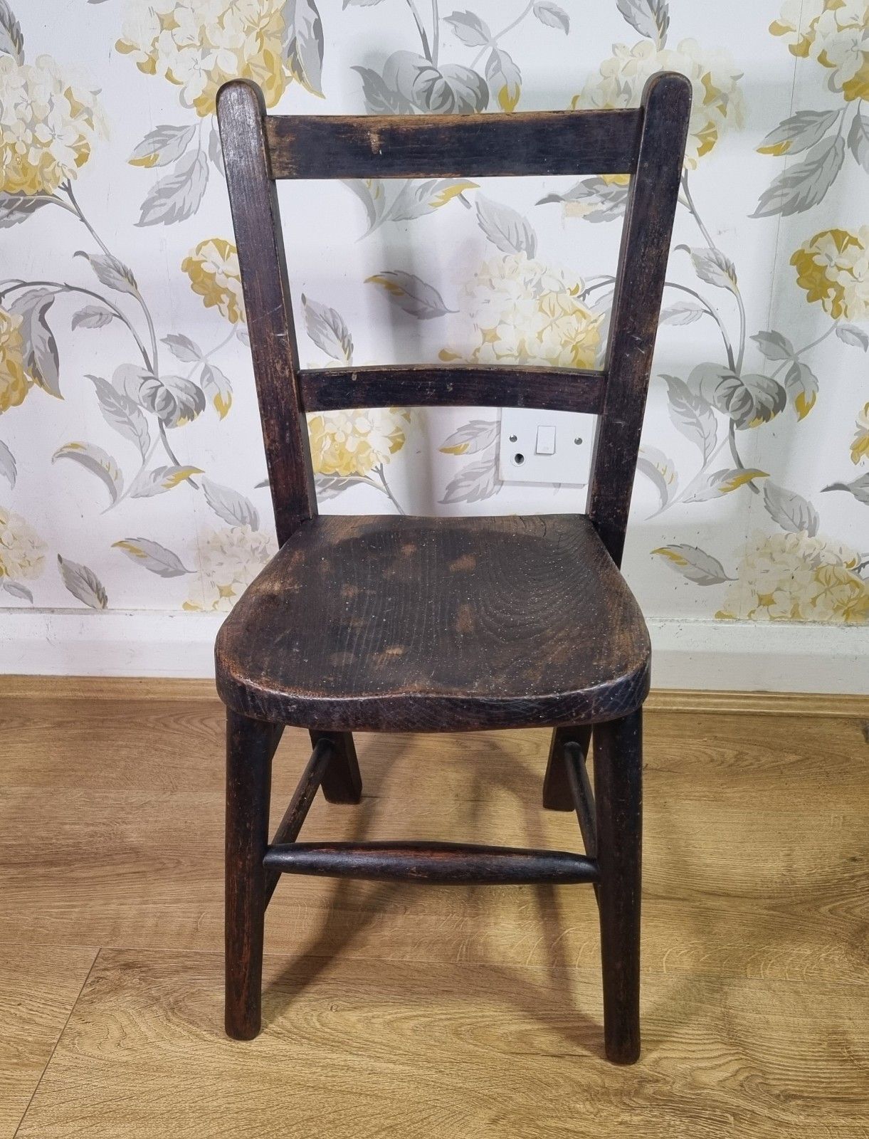 Antique Elm Childs School Chair Rustic Aged Patina Teddy Display Plant Stand photo for sale