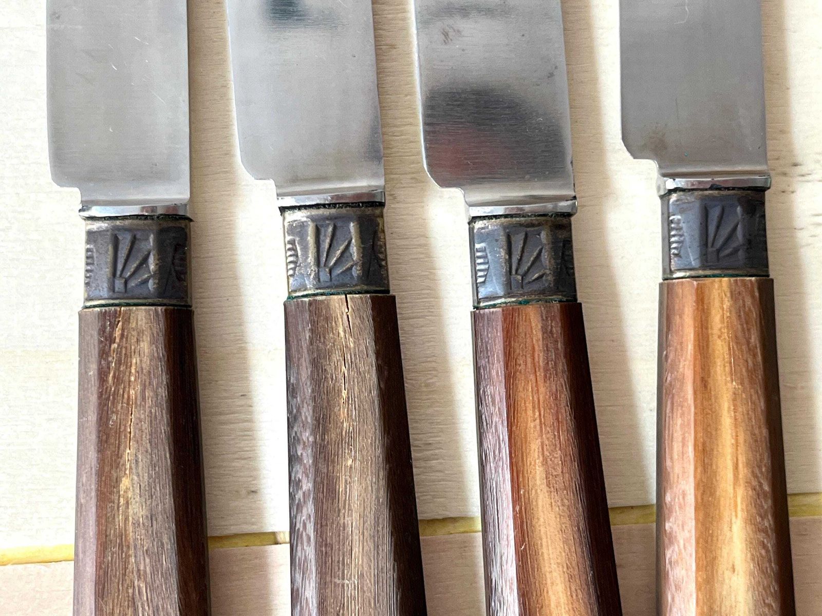 photo for sale Antique Set Of 11 Art Deco Wooden Knives, Vintage French Parisian Table Cutlery
