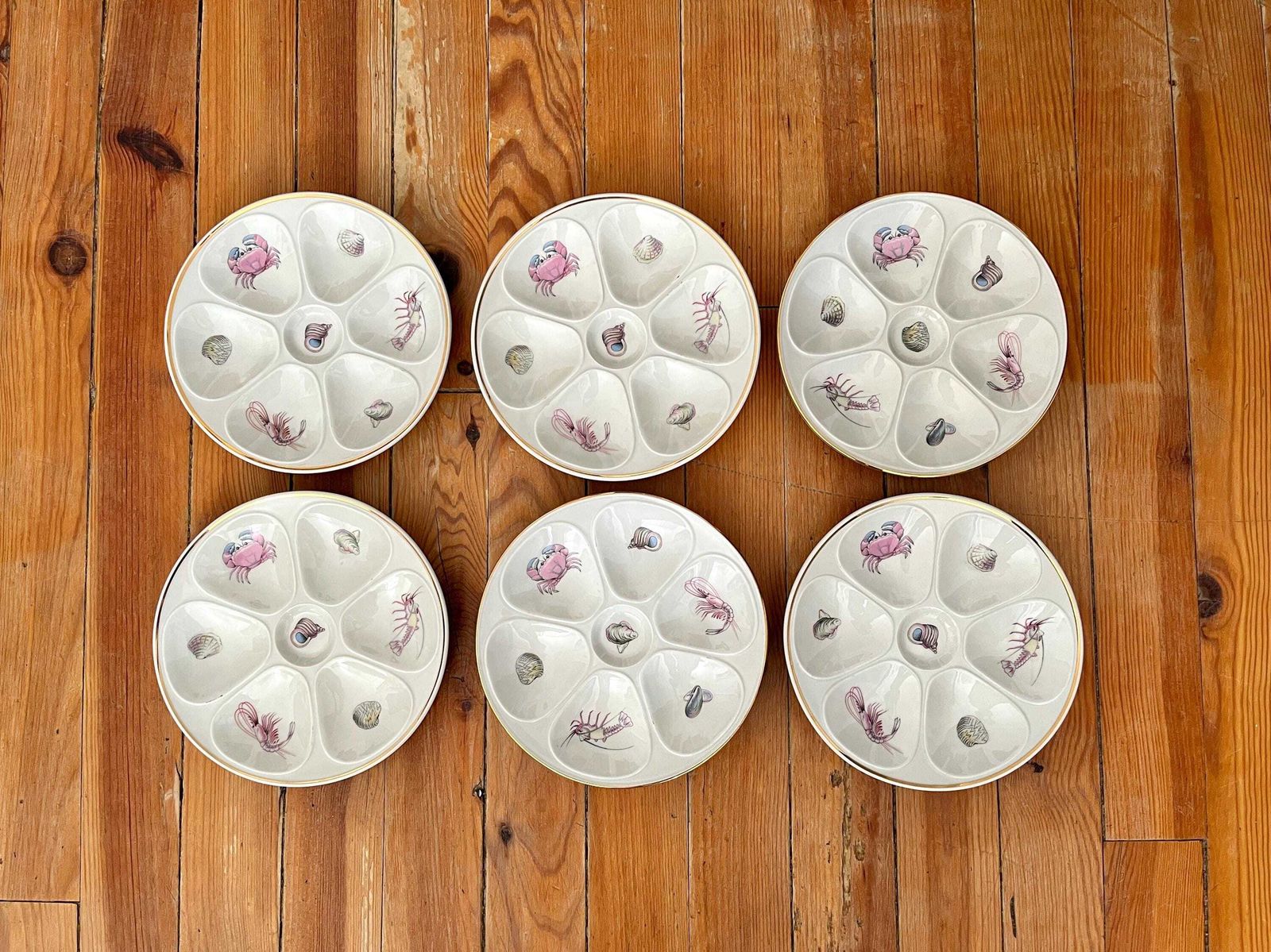 Set Of 6 Porcelain Oyster Plates From Limoges By Louis Lourioux 60s, Vintage Fine Bone Seafood Plates, Vintage French Tableware photo furniture