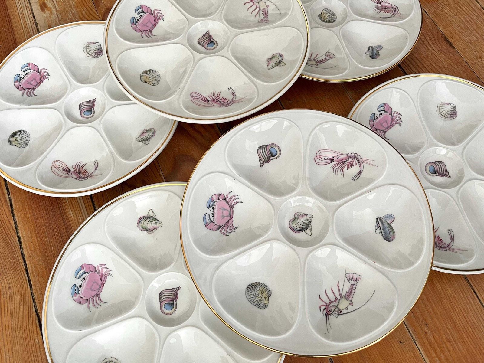 Set Of 6 Porcelain Oyster Plates From Limoges By Louis Lourioux 60s, Vintage Fine Bone Seafood Plates, Vintage French Tableware photo for sale