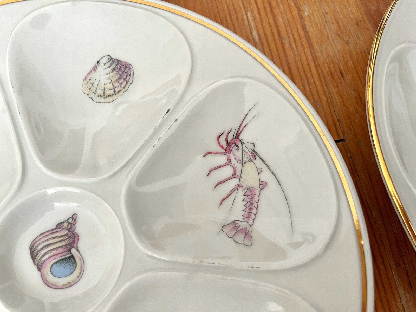 Set Of 6 Porcelain Oyster Plates From Limoges By Louis Lourioux 60s, Vintage Fine Bone Seafood Plates, Vintage French Tableware photo Home Decor