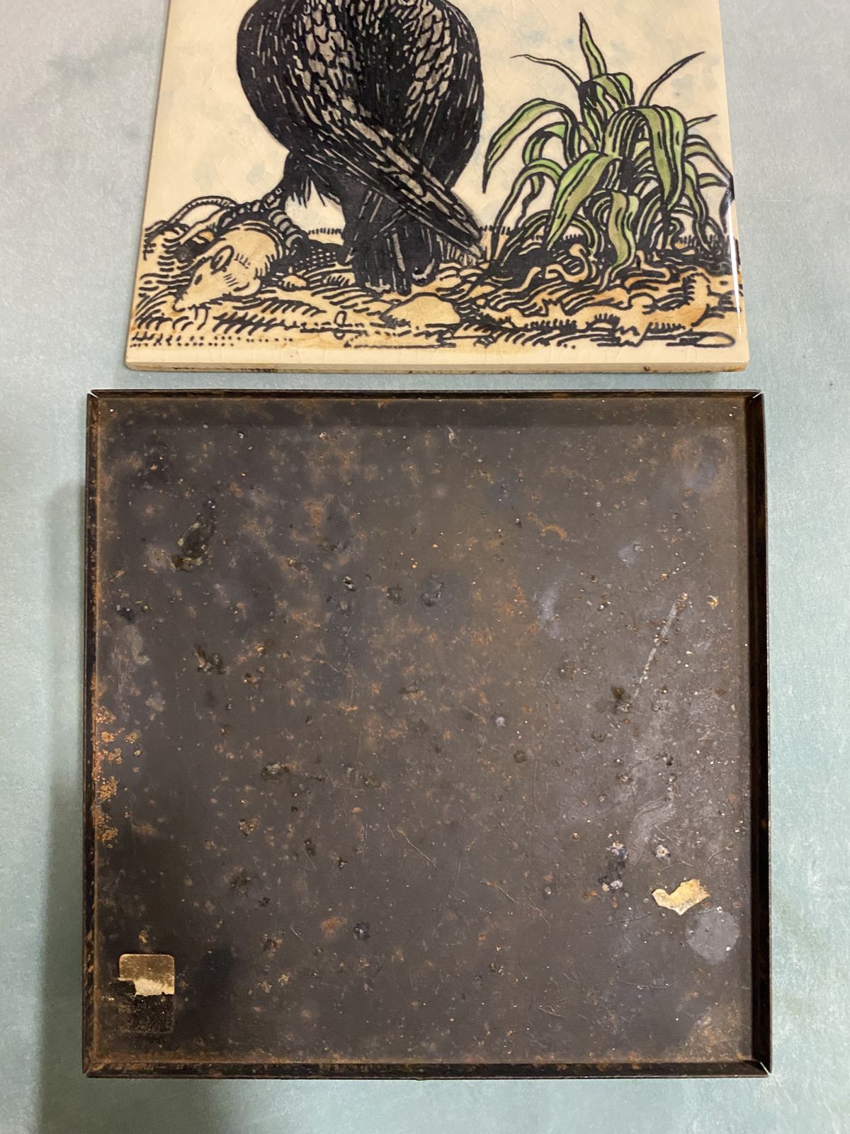 Vintage H And R Johnson Decorative Tile Trivet Raven & Mouse Illustration Wrought Iron Footed Frame (C. 1970s) photo for sale