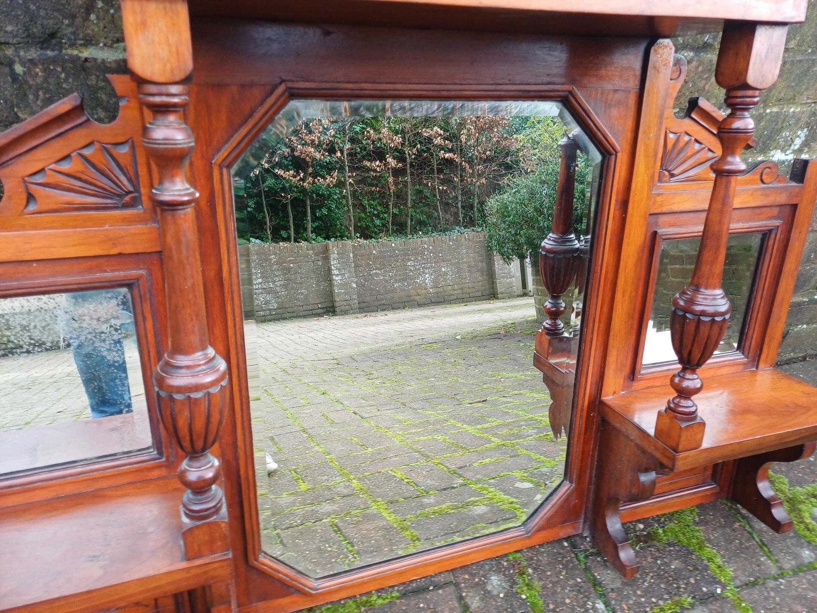 photo for sale Antique Mahogany Over Mantel Mirror: Victorian Hall Mirror With Bevelled Glass