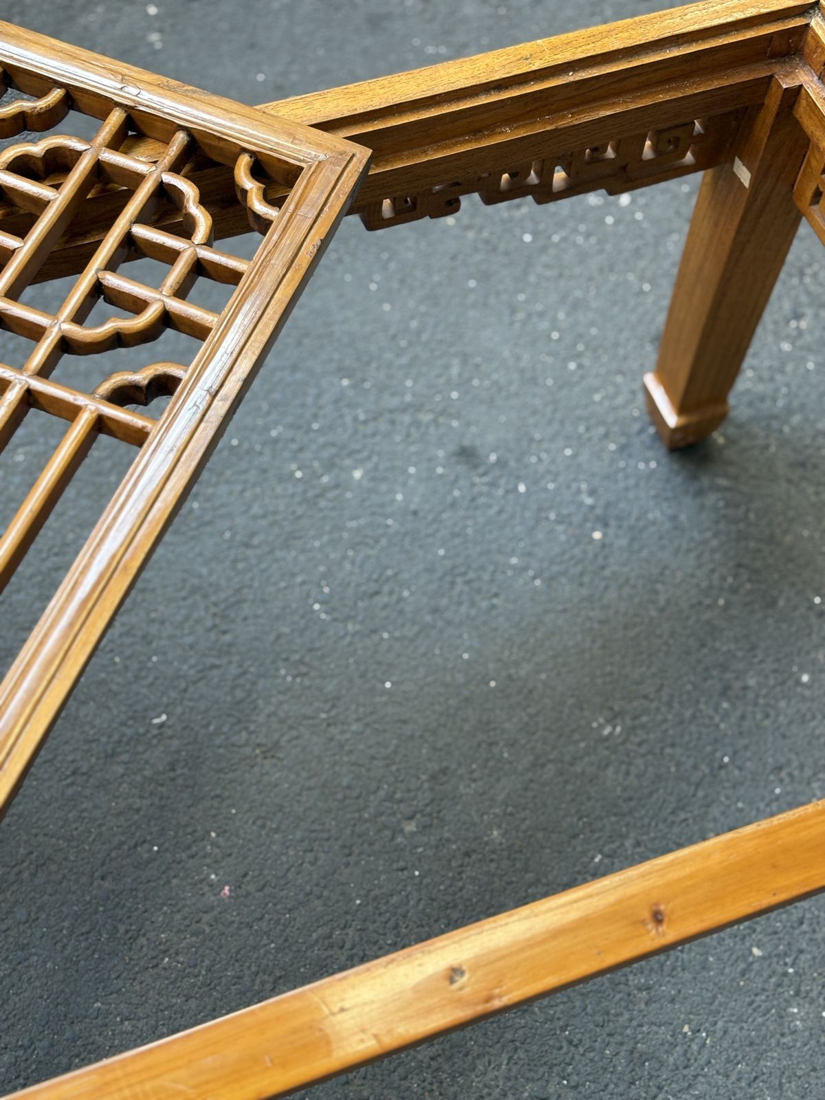 Qing Dynasty Elmwood Square Coffee Table With Open Fretwork And Horse Hoof Legs, China Circa 1912 photo vintage