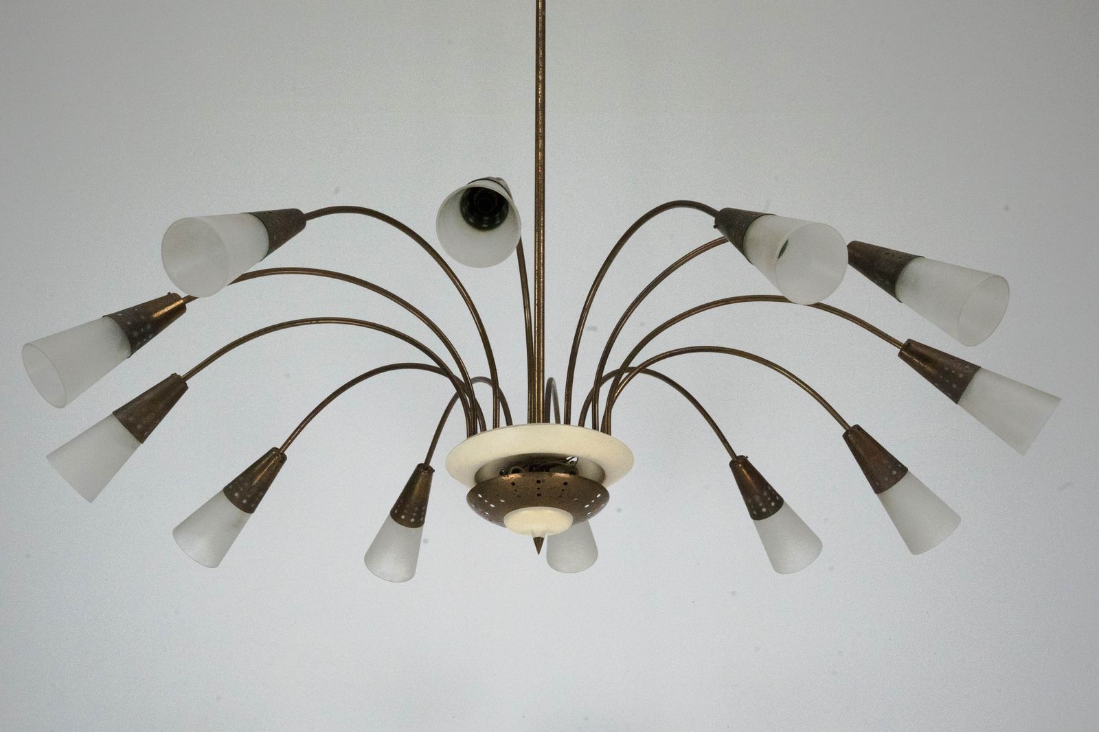 Large Italian Mid Century Sputnik Brass Chandelier With Satin Glass, 1950s
