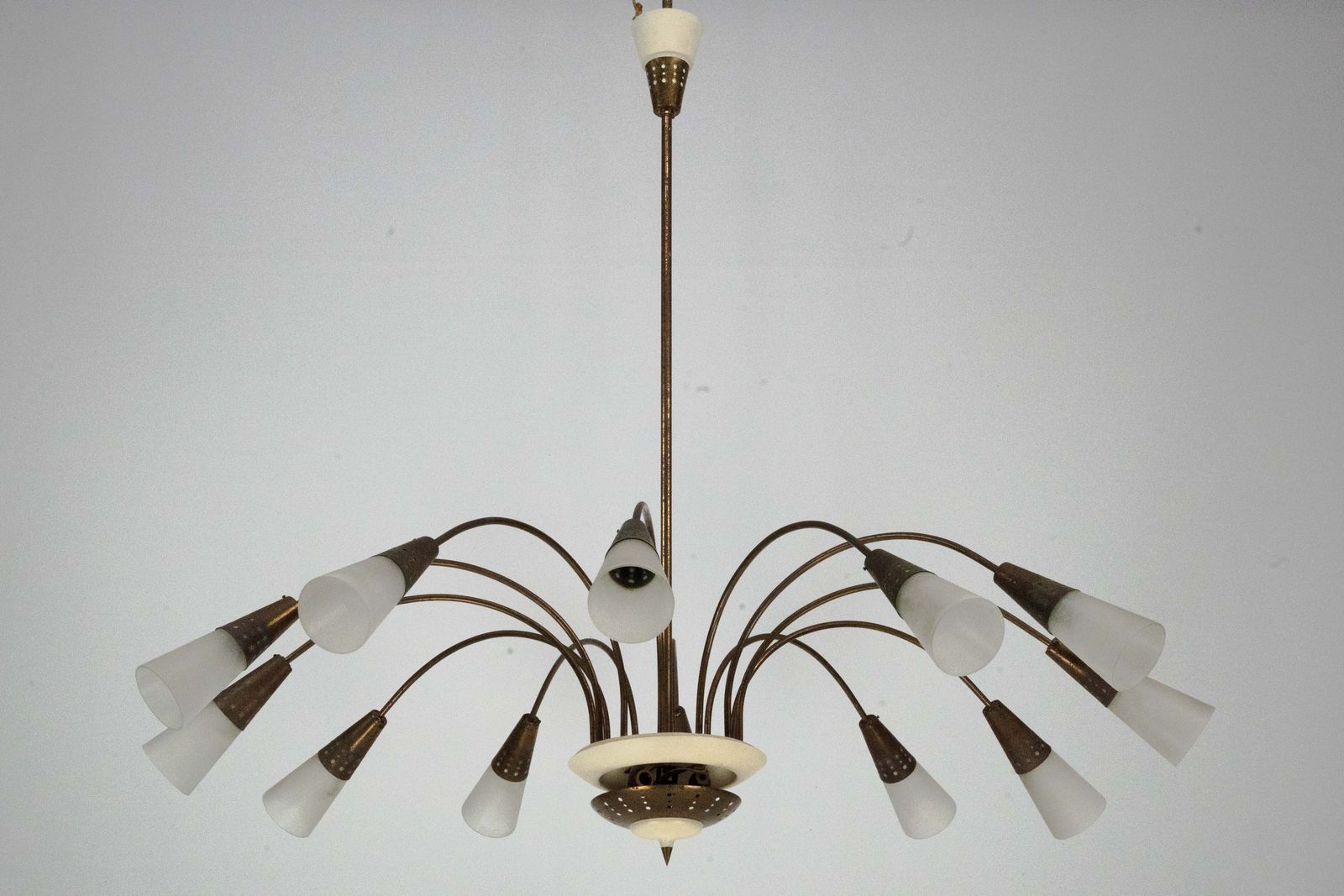 Large Italian Mid Century Sputnik Brass Chandelier With Satin Glass, 1950s photo for sale